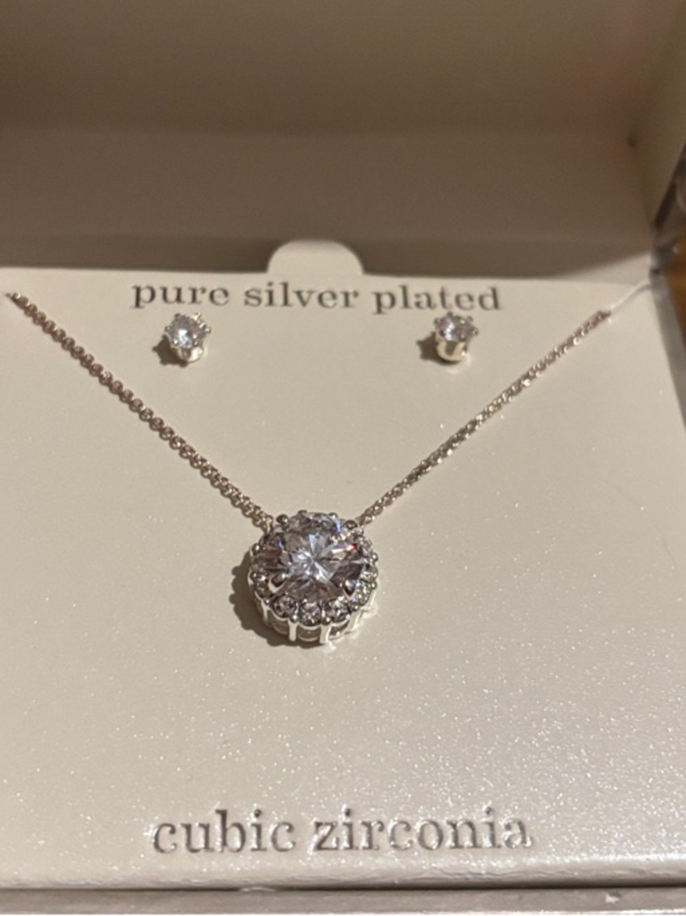 Silver-Plated Cubic Zirconia Pendant Necklace and Studs - White